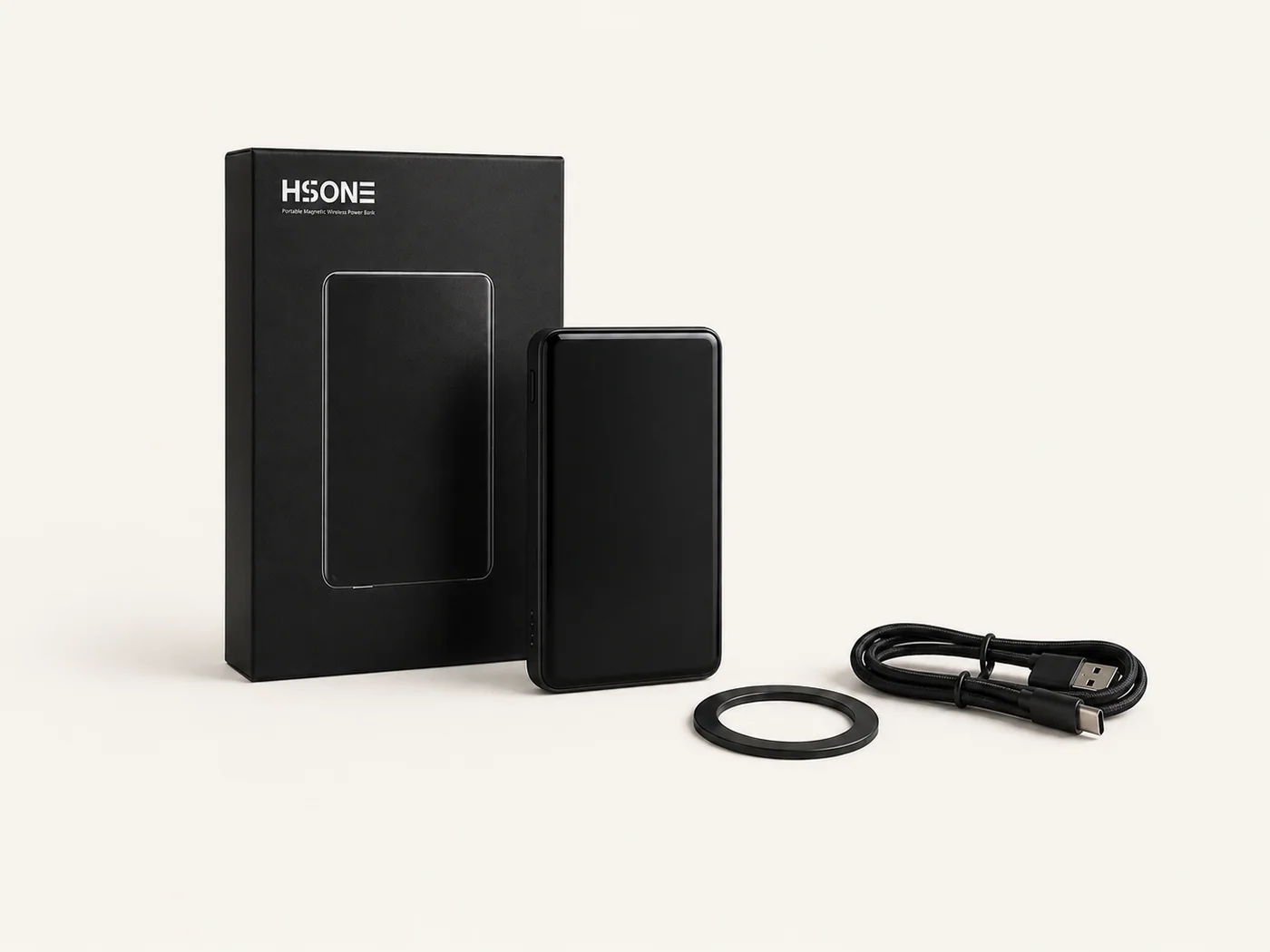 HSONE magnetic power bank set on a warm studio background